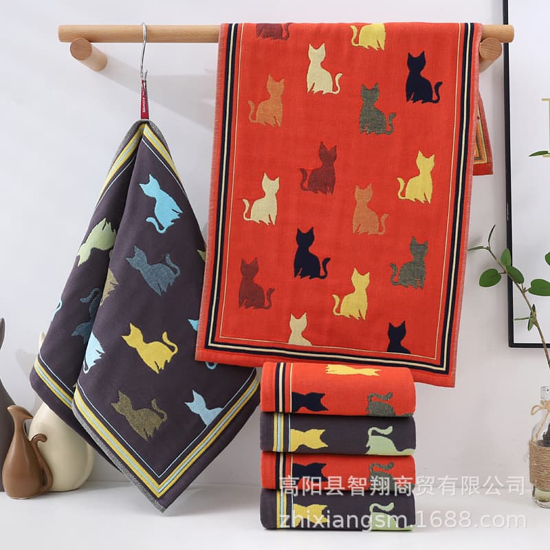 Zhiyang Towels, Four-Layer Jacquard Colorful Cat Gauze Cotton Face Towels, Soft and Absorbent, Factory Direct Wholesale Price