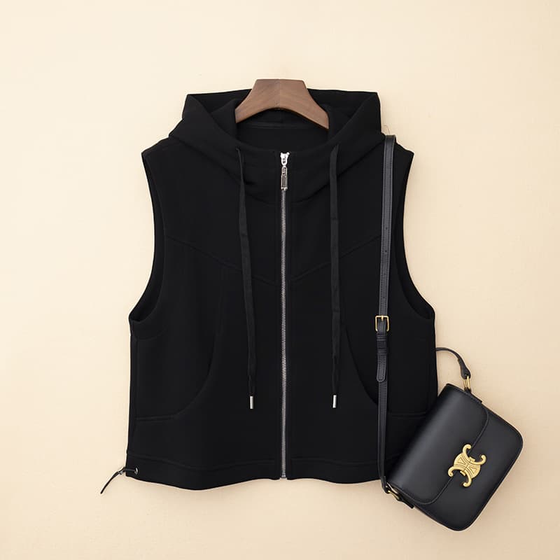 Women's Wholesale Zip-Up Casual Cardigan Vest with Hood, Simple and Versatile Plaid Pattern, Flattering High Waist