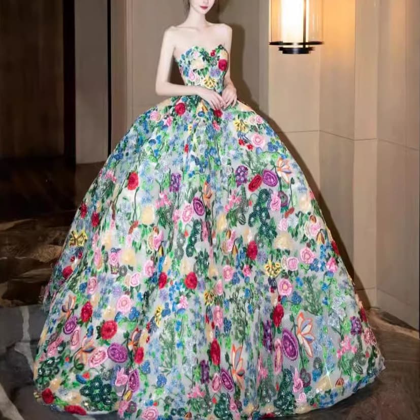 Monet Garden Travel Photography Princess Wedding Dress 2026 New Strapless Court Style Colorful Tulle Ball Gown Evening Dress