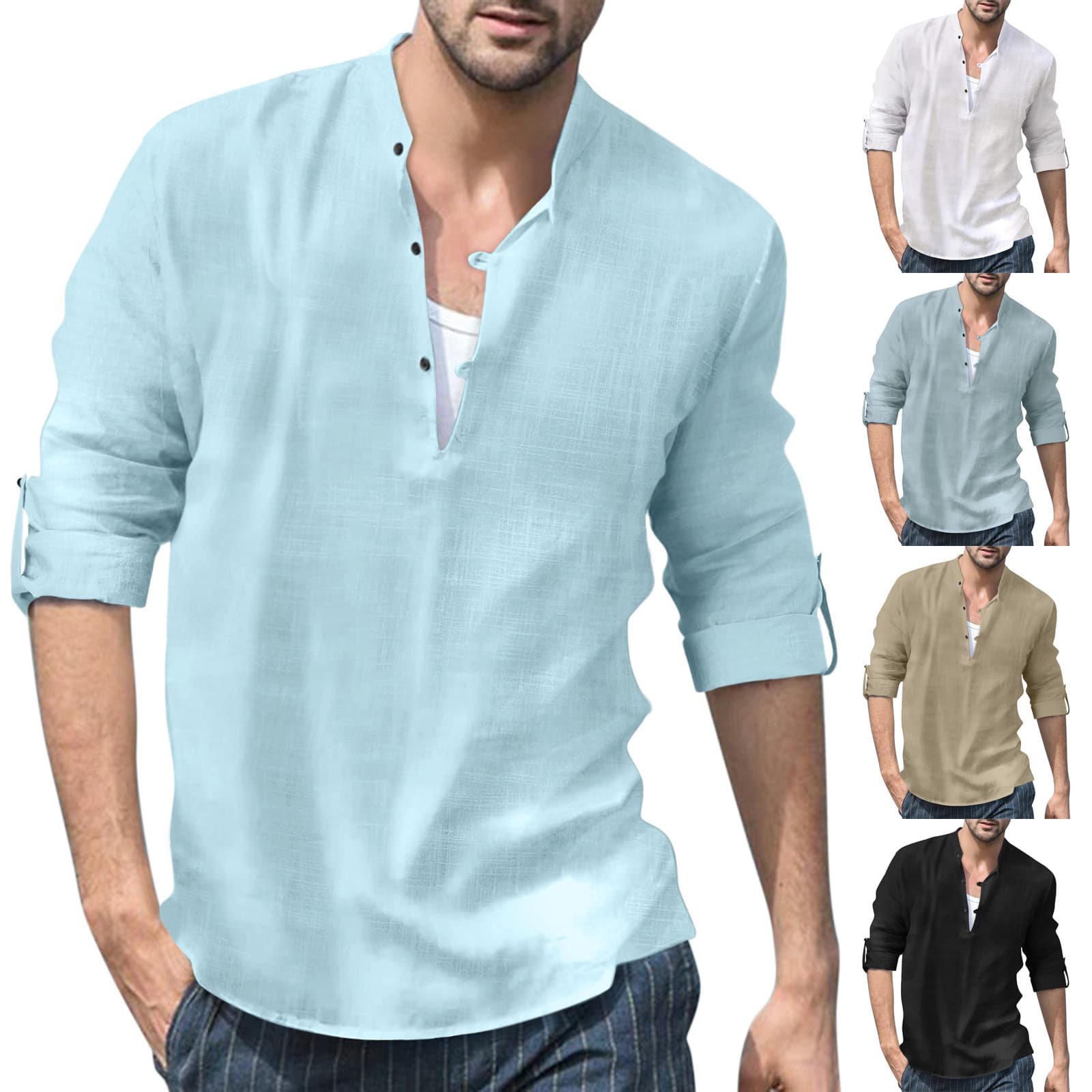 Men's Linen Henry Shirt Stand Collar Long Sleeve Casual Beach Shirt Autumn Winter Independent Station Fashion Urban 24-35 Years Old