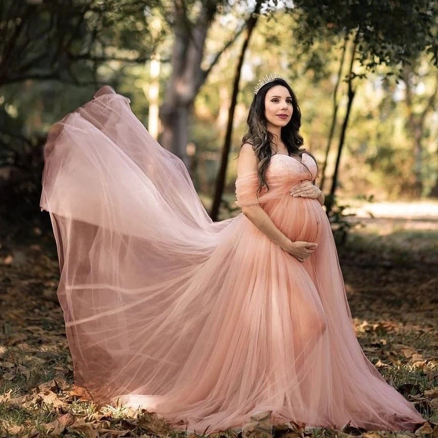 Sheer Evening Gown with Long Train for Maternity Photography, One-Shoulder Gentle Maternity Dress Long Style