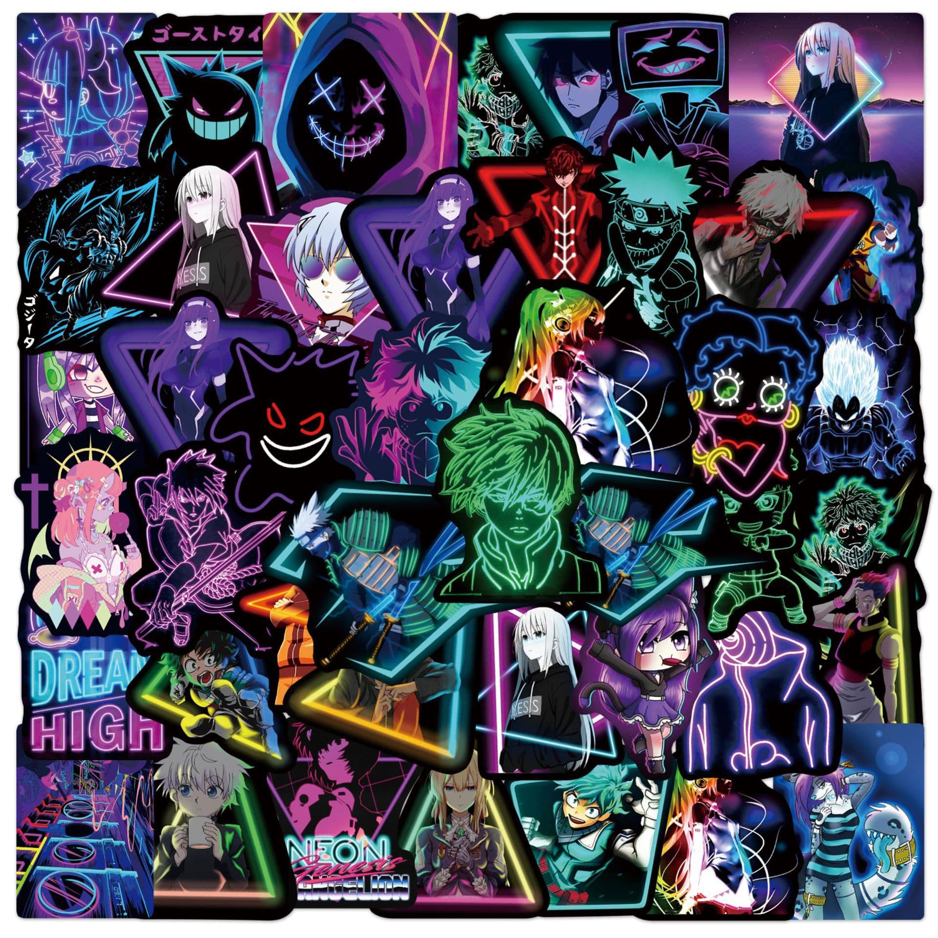 50 Neon Anime Stickers Waterproof for Suitcase Guitar Laptop
