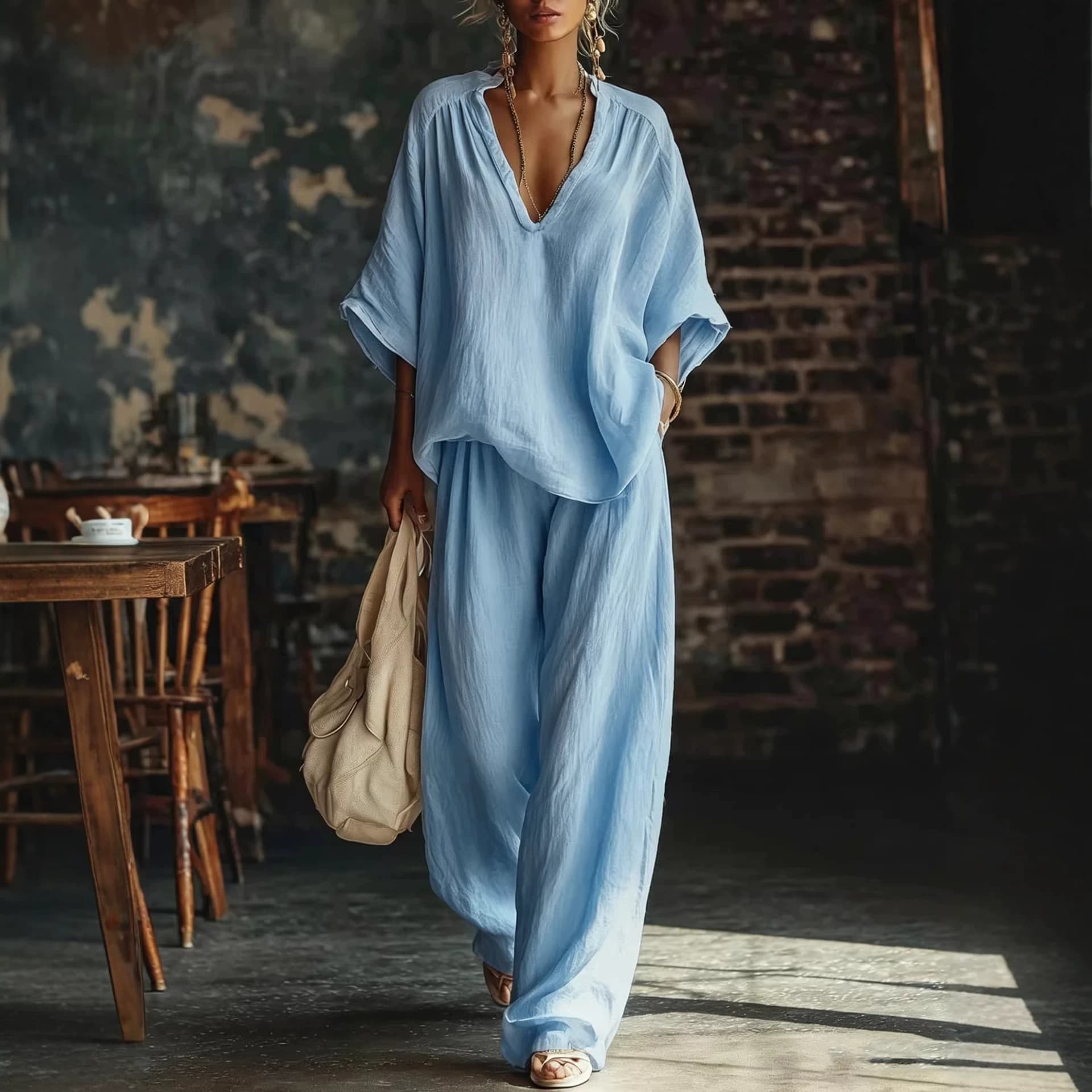 2026 European and American Cross-Border Women's Fashion Casual Solid V-Neck Loose Short Sleeve and Casual Pants Two-Piece Set