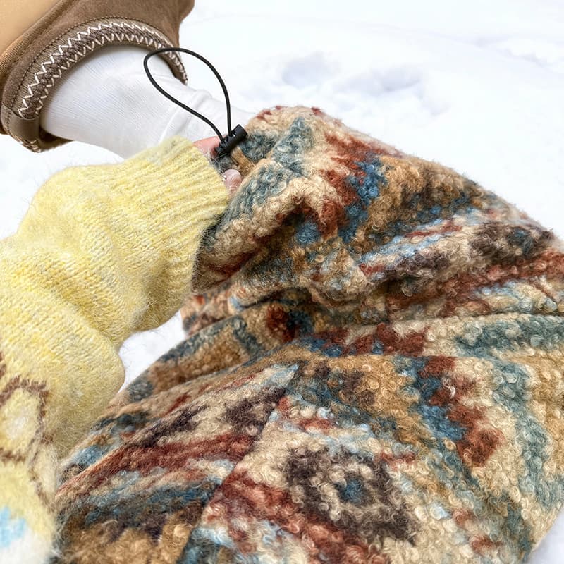 Vintage Fair Isle Skirt, Autumn/Winter High-Waist Loose Fleece-Lined Ethnic Style A-Line Midi Skirt with Sherpa Fleece