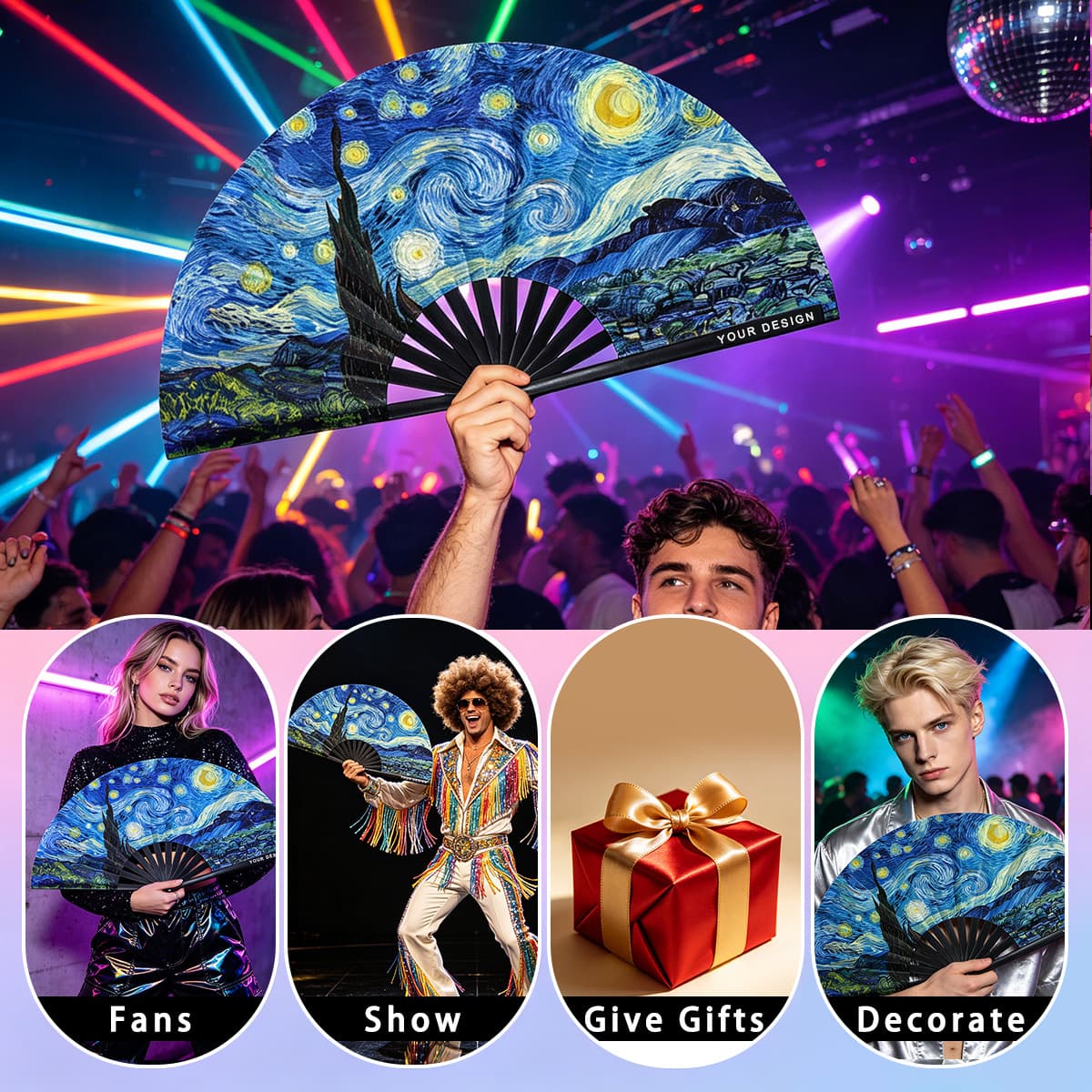 Oil Painting Style Character Sound Fan Plastic Handle Folding Fan Summer Cooling Folding Fan Corporate Promotional Fan Custom Printing Wholesale
