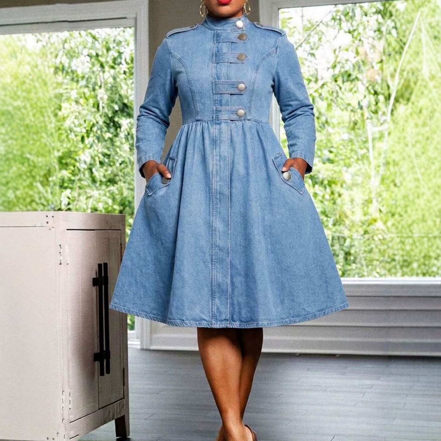 Cross-border Women's Multi-button Denim Dress Autumn Vintage Office Chic Waist-nipped Pocket Detail Slimming Denim Dress