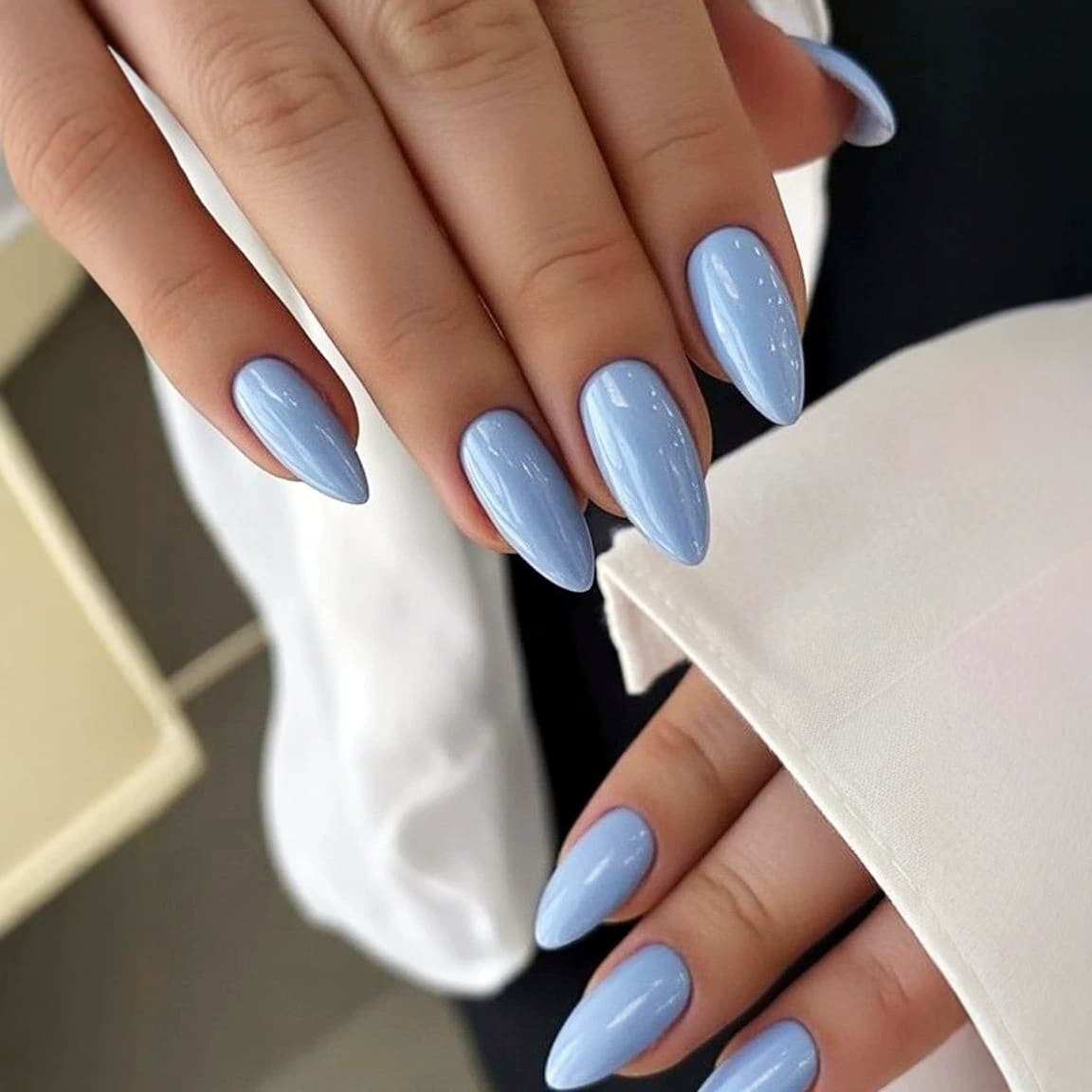 European and American INS Style Light Blue Ice Transparent Almond Nails Blue Glossy Solid Color Wearable Nails 24 Pieces Set Direct Supply from Factory
