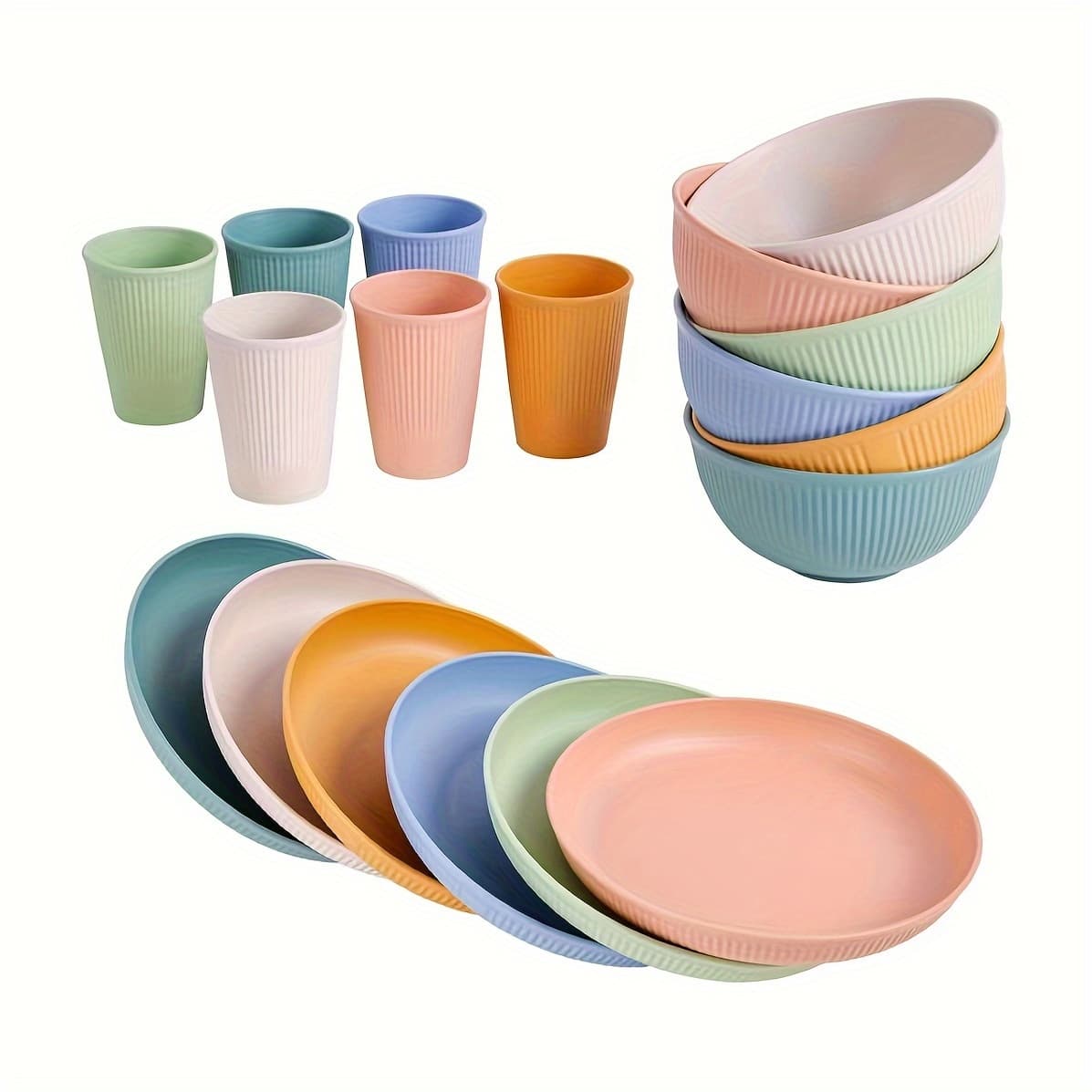 Younis Cross-Border Wheat Straw Stripe Bowl Cup Plate 18-Piece Set Plastic Household Microwave-Safe Dinnerware Set