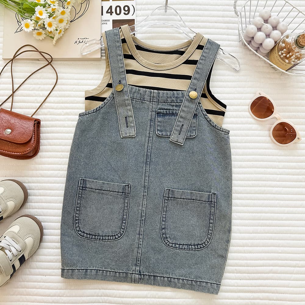 Girls Striped Sleeveless Vest Denim Suspender Skirt Two-piece Set Summer 2026 New Large Pocket Suspender Skirt Set