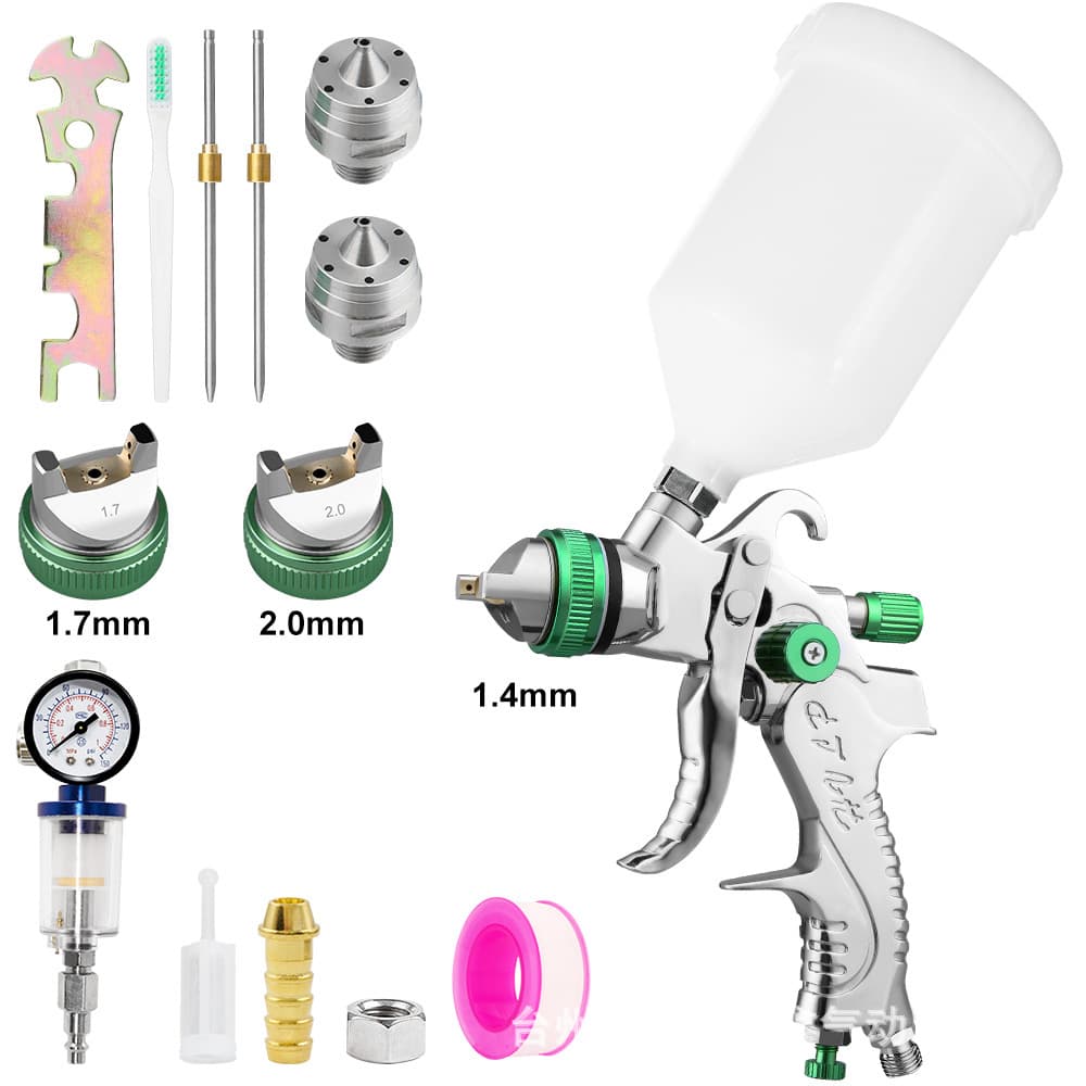 Cross-border Air Spray Gun with Top Cup Gravity Feed for Automotive and Furniture, Includes Air Pressure Gauge and Oil-Water Separator Set