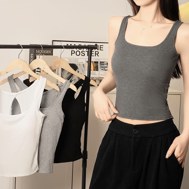 Spring/Summer Inner or Outer Wear Solid Color Spaghetti Strap Tank Top Modal White Hollow Back Built-in Cup Camisole