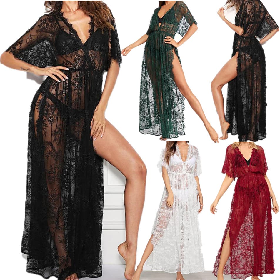 Amazon Source New Sexy Lace Sheer Pajamas Side Slit Long Nightgown for Women