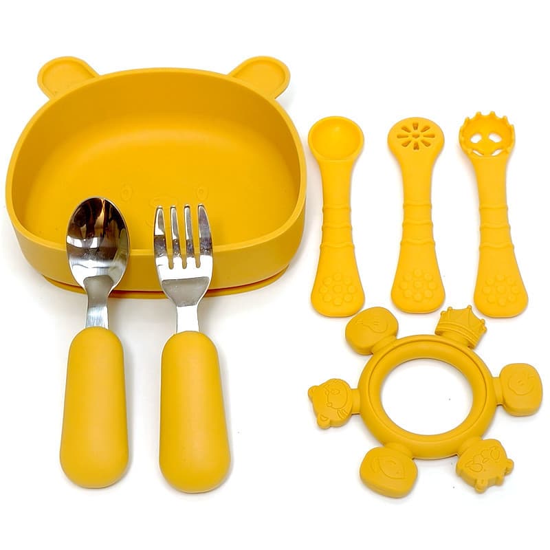 Baby Food Supplement Tools Complete Set Baby Suction Bowl and Spoon Set Feeding Silicone Newborn Children Fork and Spoon Special Tableware