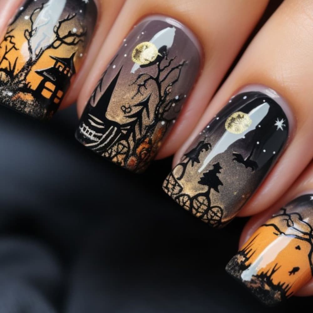 Halloween Short Nails Cool Dark Forest Castle Design Press On Nails False Nails