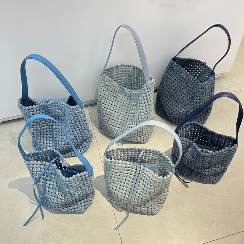 Handmade Denim Woven Bucket Bag, Women's Handheld Shoulder Bag, Genuine Leather Large Capacity Tote Bag, Hollow Out Bag