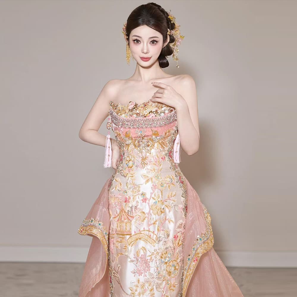 New Chinese Style Wedding Dress 2025 New Pink Heavy Craft Toast Dress Niche Light Luxury Banquet Evening Gown for Women