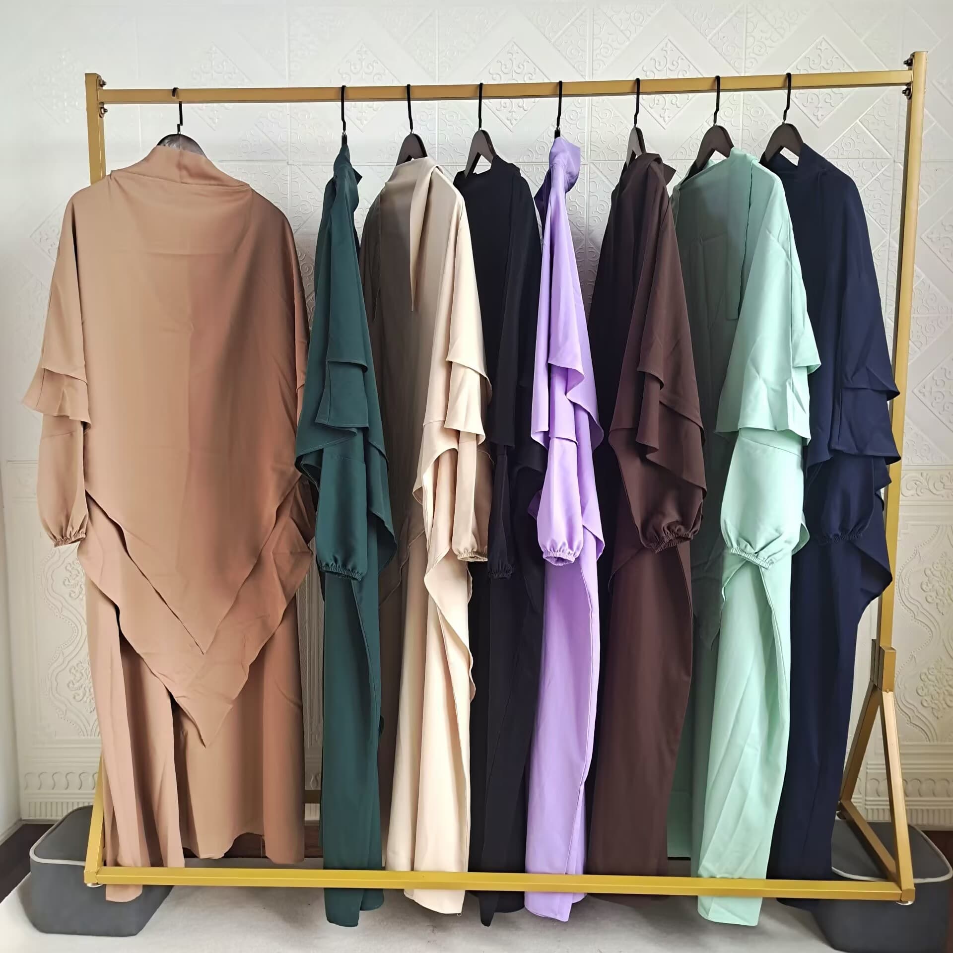 Cross-border spot women's round neck long skirt two-piece suit loose and comfortable dress solid color two-layer long headscarf P105