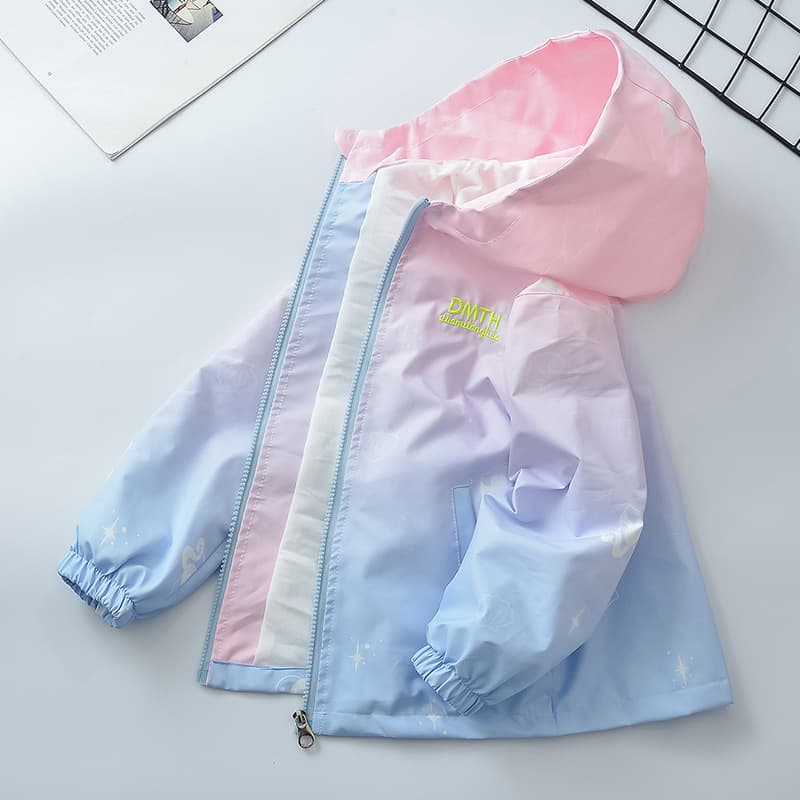 Girls Gradient Color Casual Jacket Children's Outerwear Spring Season Polyester Fiber Zipper Closure Round Neck Long Sleeve Coat