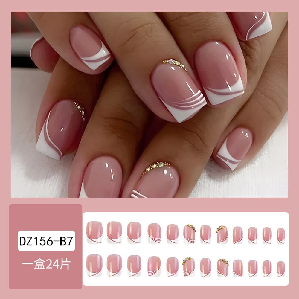Simple French Wearable Short Nails, Pure Desire Stacked Rhinestone Nail Tips, Cross-Border Press On Nails