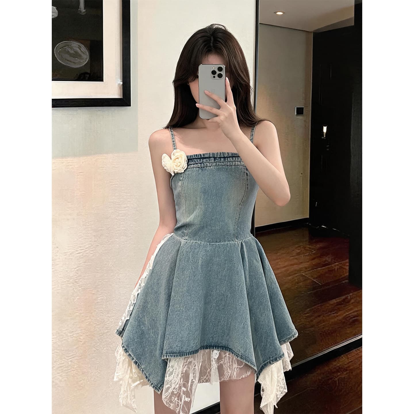 Pure Desire Style Denim Dress for Women, Summer New Design Lace Trim Spliced Suspender Dress, Slimming Short Dress