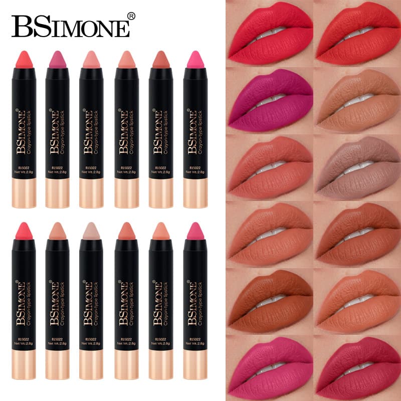 Cross-Border 12-Color Matte Crayon Lipstick in Nude and Bean Paste Colors, Two-In-One Lipstick and Lip Liner, Waterproof and Non-Fading, Wholesale