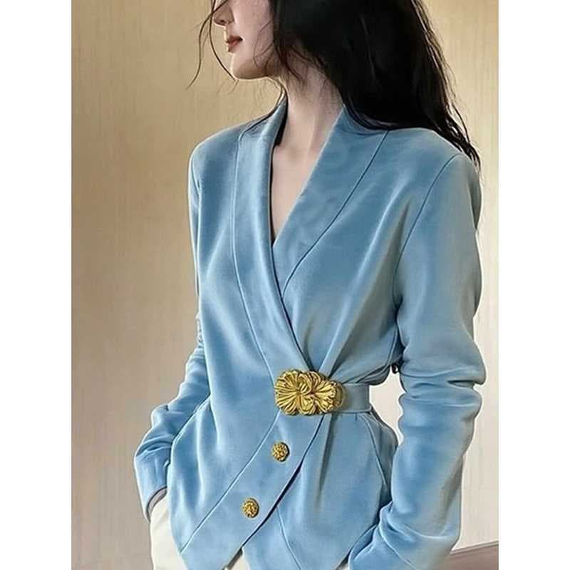 Rouje Kora French high-end light luxury age-reducing western style shirt women's spring and autumn chic waist velvet top