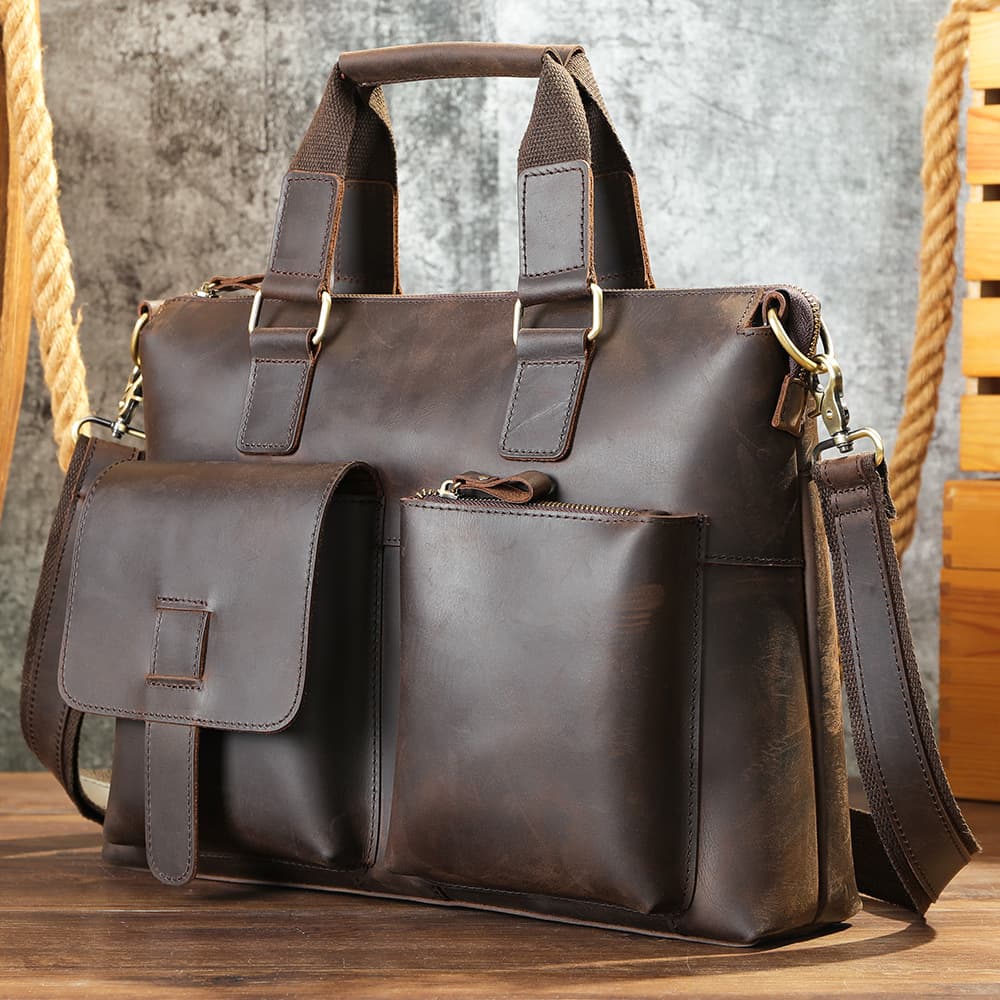 Retro crazy horse leather men's briefcase shoulder crossbody handbag 14 inch computer bag leather briefcase