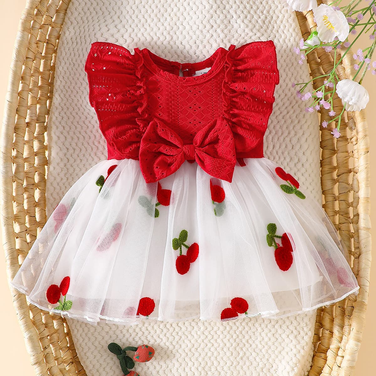 2026 New Baby Sweet Cherry Princess Dress Hollow Embroidered Top + Cherry Mesh Tutu Skirt