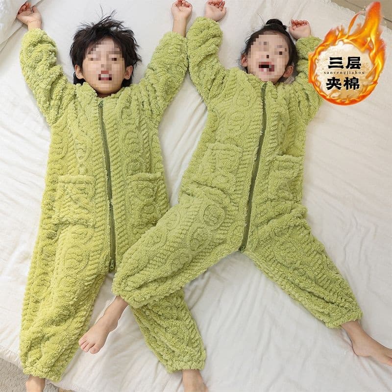 Baby Three-Layer Quilted Flannel Children's One-Piece Pajamas Winter Thickened Style Coral Fleece Homewear Medium/Large Girls