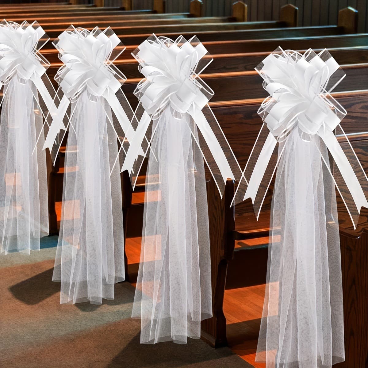 Set of 4 White Wedding Bench Bows with Long Tulle Tail Church Chairs Aisle Decoration Wedding Car Decoration