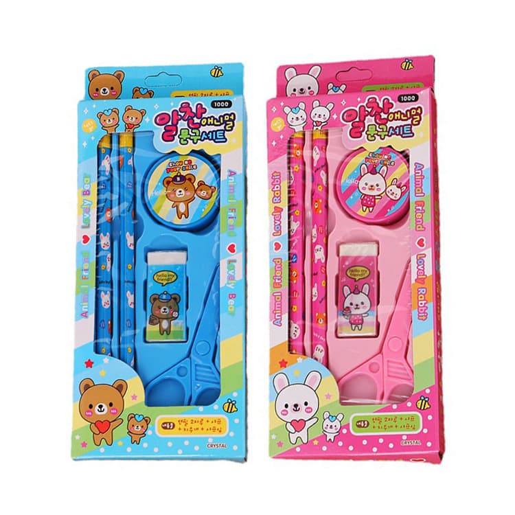 Creative Stationery 5-Piece Set, Cute Cartoon Bear and Rabbit Stationery Kit for Kids, Elementary School Students, Prize Gift, Factory Wholesale