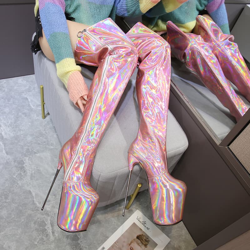 Cross-border Knee-high Colorful Women's Boots Plus Size High Steel Heel 20cm Fashion Boots Size 35-50 Sexy Zipper