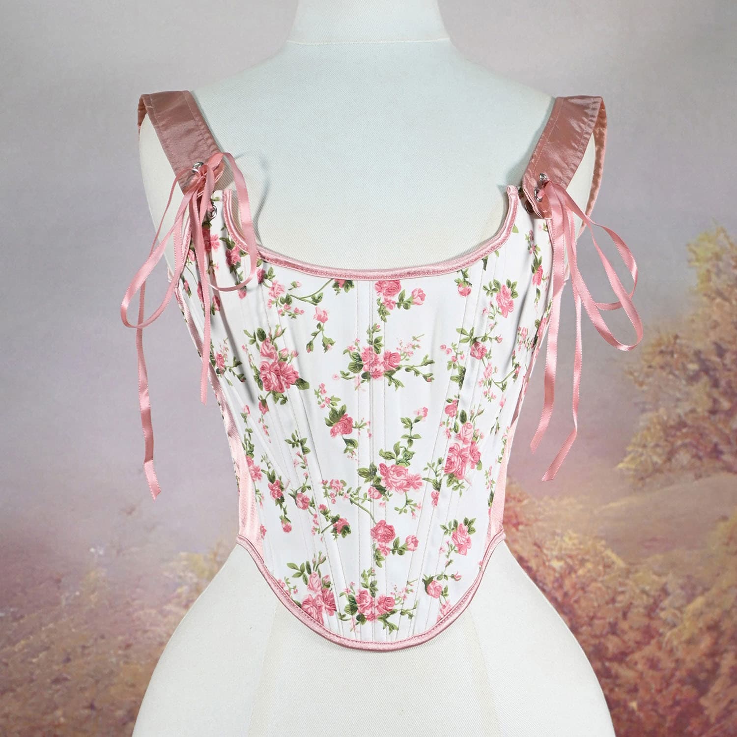 323 Pink Rose Print Small Floral Fishbone Corset Tight Corset with Back Lace for AliExpress