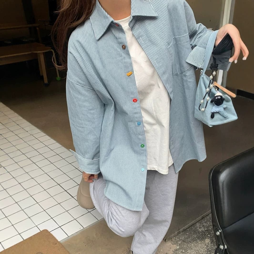 Blue Striped Long Sleeve Shirt Women's Top Spring and Autumn Korean Loose Design Colorful Button Casual Shirt Jacket