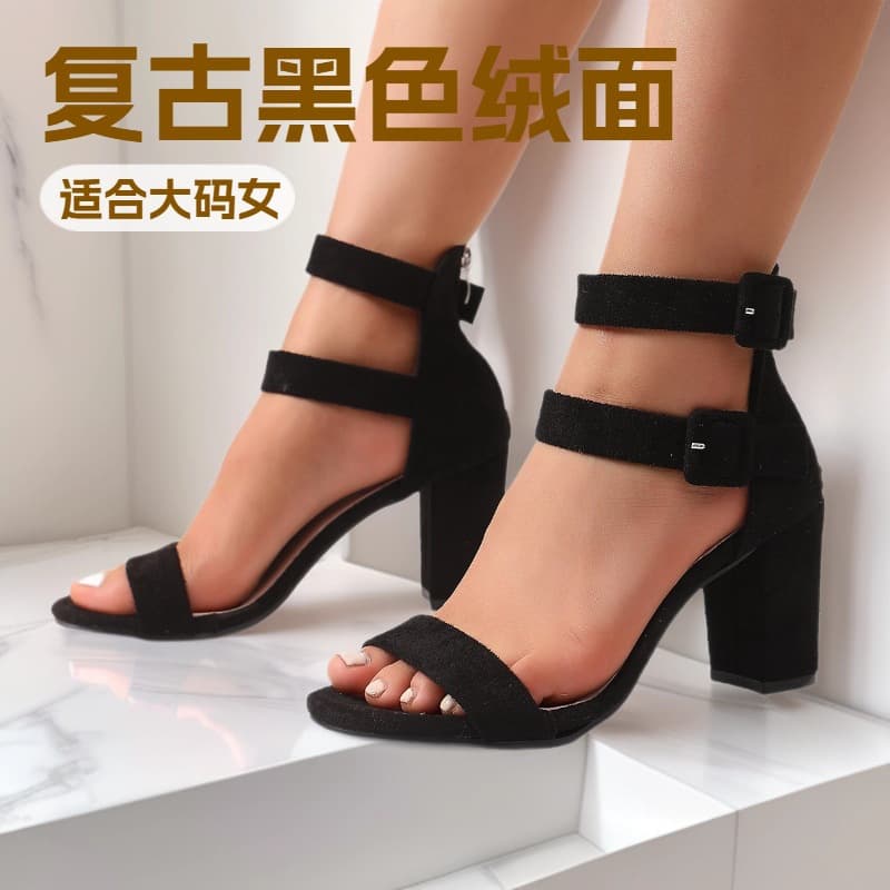 Foreign trade solid color thick heel square toe medium heel sandals for women summer cross-border large size bag heel sandals European and American Roman sandals for women