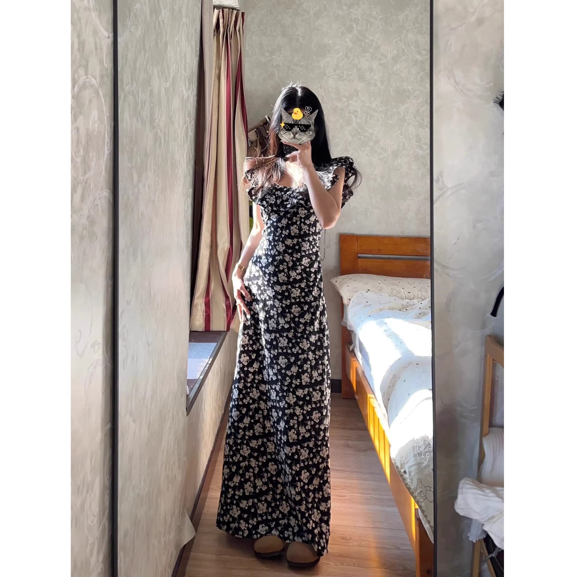 175 Tall Plus Size Black Floral Print Waist-Cinching Maxi Dress to Ankle Rose Island Ruffle Hem Slimming Long Dress