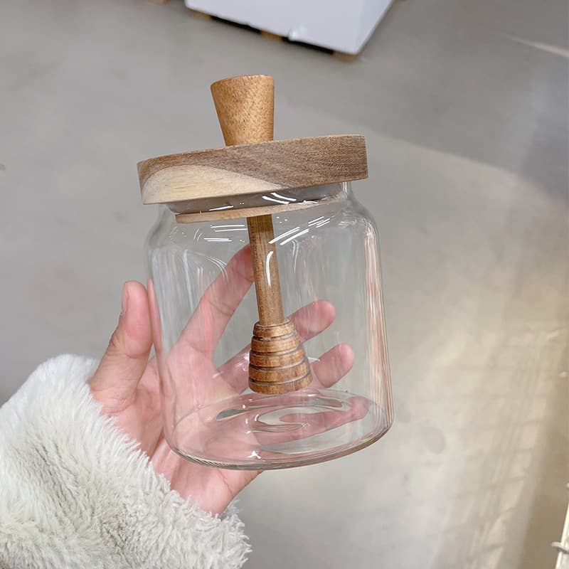 Japanese Acacia Wood Lid Honey Stirring Jar with Wooden Honey Dipper, Dustproof Transparent Kitchen Honey Jam Jar