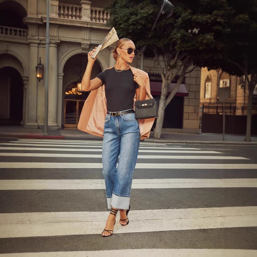 Amazon Cross-Border 2025 Spring New High-Stretch Straight-Leg Jeans for Women Premium Vintage Rolled Hem High-Waist Long Pants