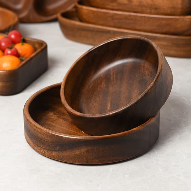 Walnut Wood Fruit Tray Solid Wood Round Salad Bowl Plate Dish for Home Kids Fruit Plate Wholesale Wooden Tray
