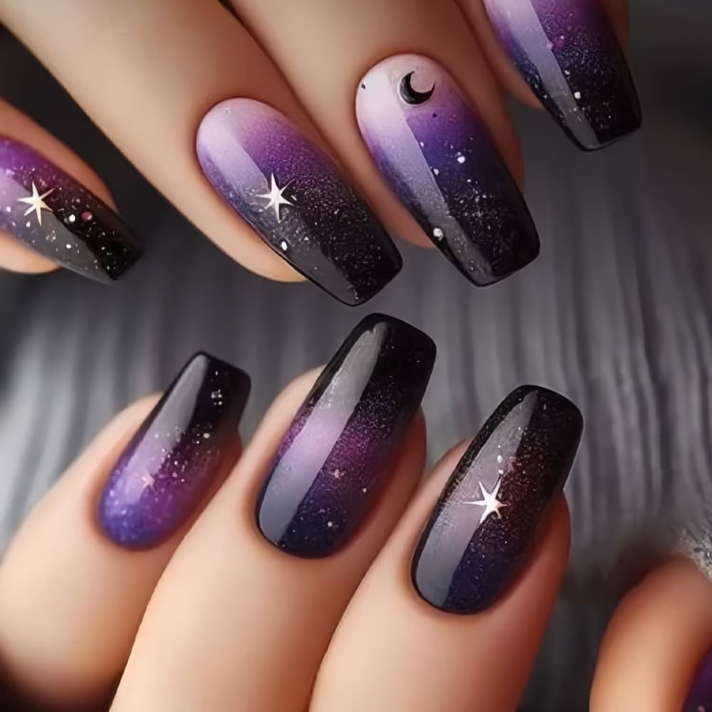 2025 cross-border hot selling magic galaxy starry sky star crescent moon design wearable nails purple gradient fake nail stickers