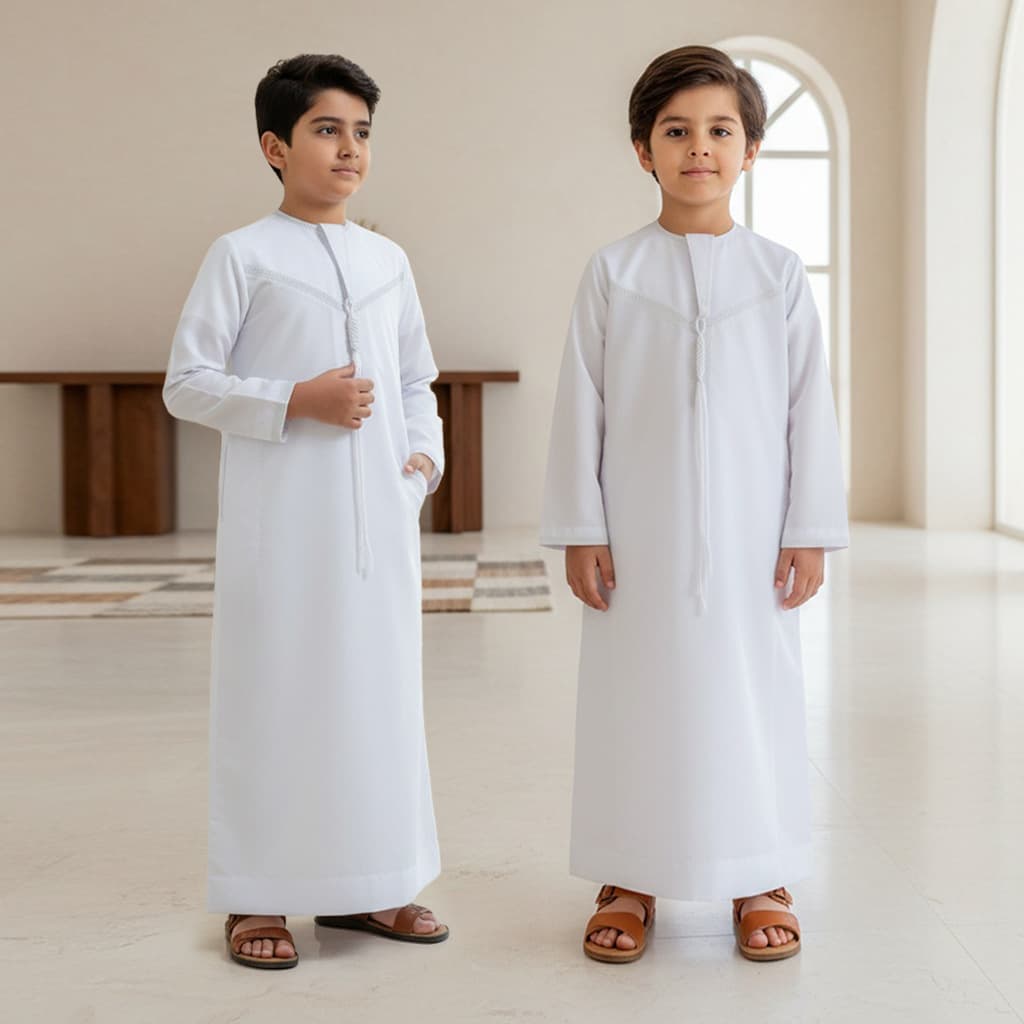 K31W Kids Traditional Thobe Pure White Loose Fit Boys Ethnic Style Daily Long Garment