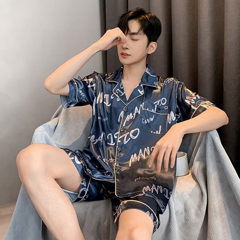 Thin Ice Silk Cardigan Short Sleeve Shorts Men's Pajamas Summer Plus Size Fat MM Young Men's Loungewear