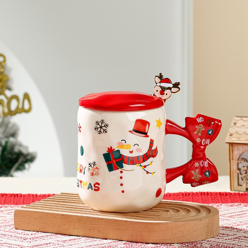 Cross-border High-appearance Christmas Couple Ceramic Mug Christmas Water Cup Gift Bow Cartoon Mark Cup