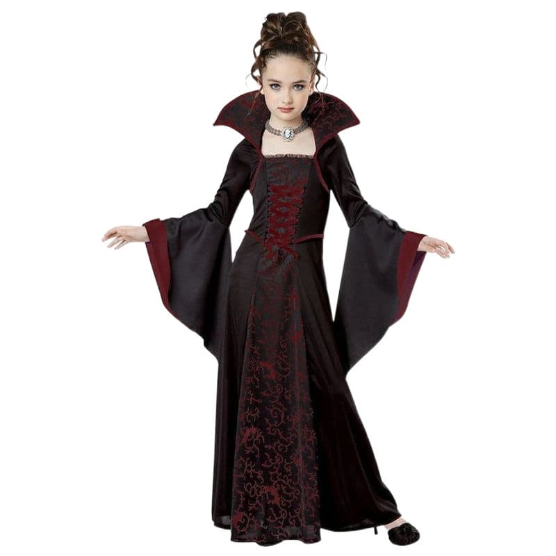 New Cross-Border Halloween Children's Costume Witch Outfit Medieval Vintage Lace-Up Stand Collar Flared Sleeve Long Dress