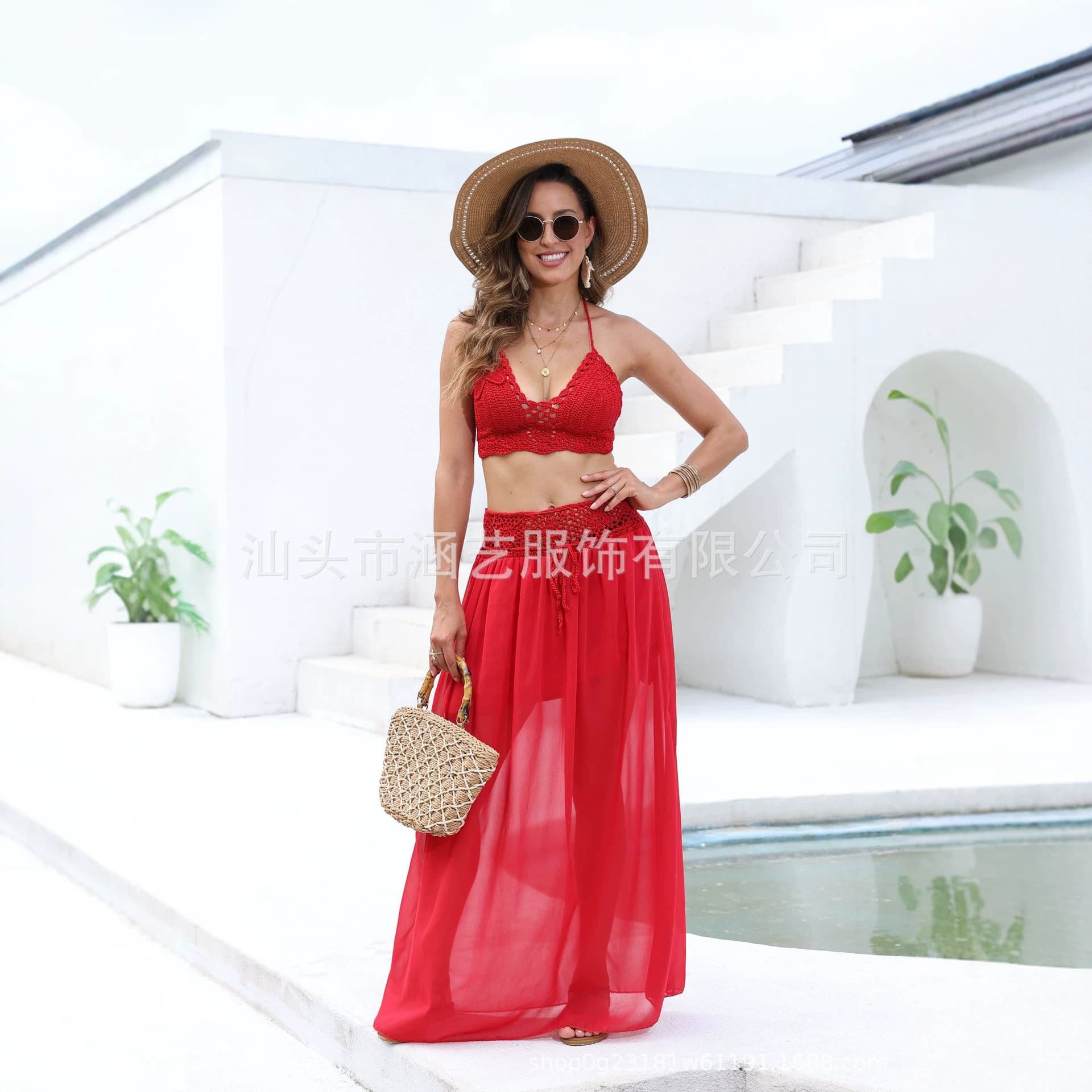 Southeast Asian Style Heavy Sequin Hollow Knit Set with Halterback Design, Two-Piece Beach Vacation Outfit