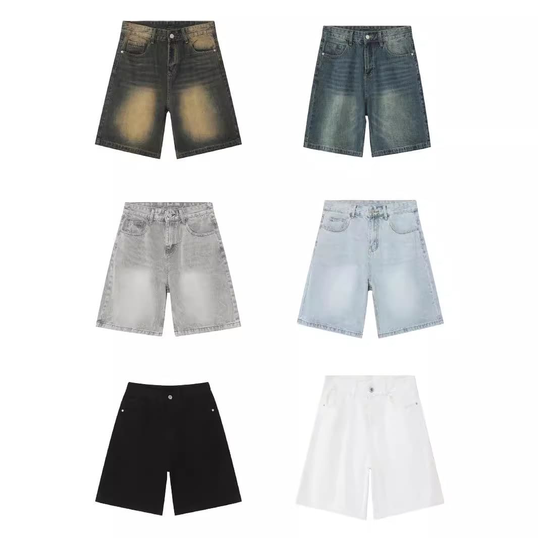Summer new American retro distressed blue denim shorts men's loose straight leg five-quarter pants versatile hot pants trendy brand