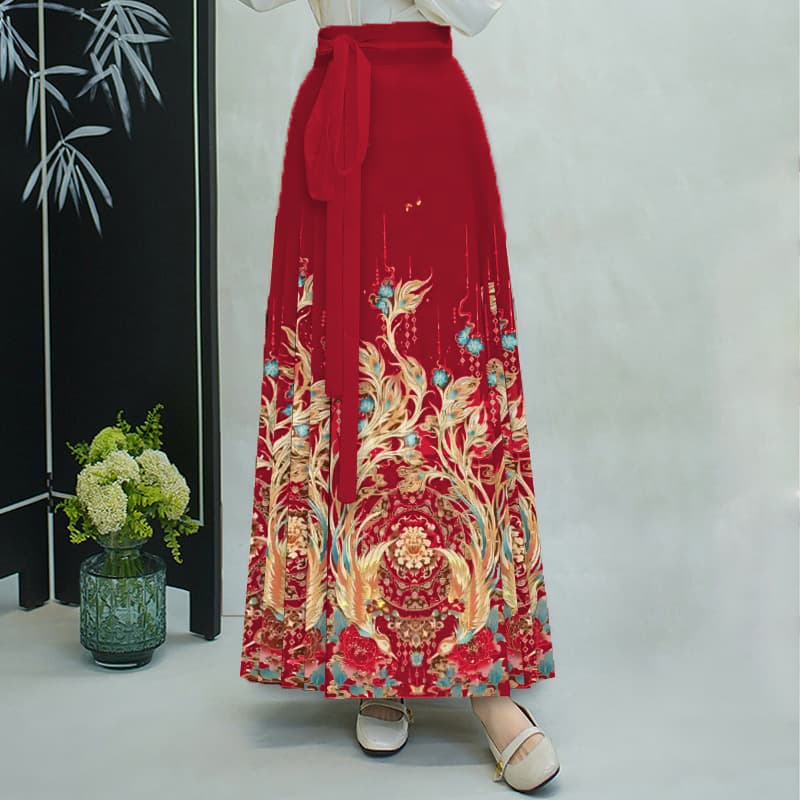 Women's Hanfu Horse-Face Skirt Set, Spring/Summer, Full Swing Pleated Long A-line Skirt [Double Phoenix Harmony]