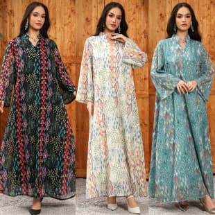 AB507 2026 Fashion Dress Embroidered Rhinestone Printed Long Sleeve Jalabiya Casual Dress
