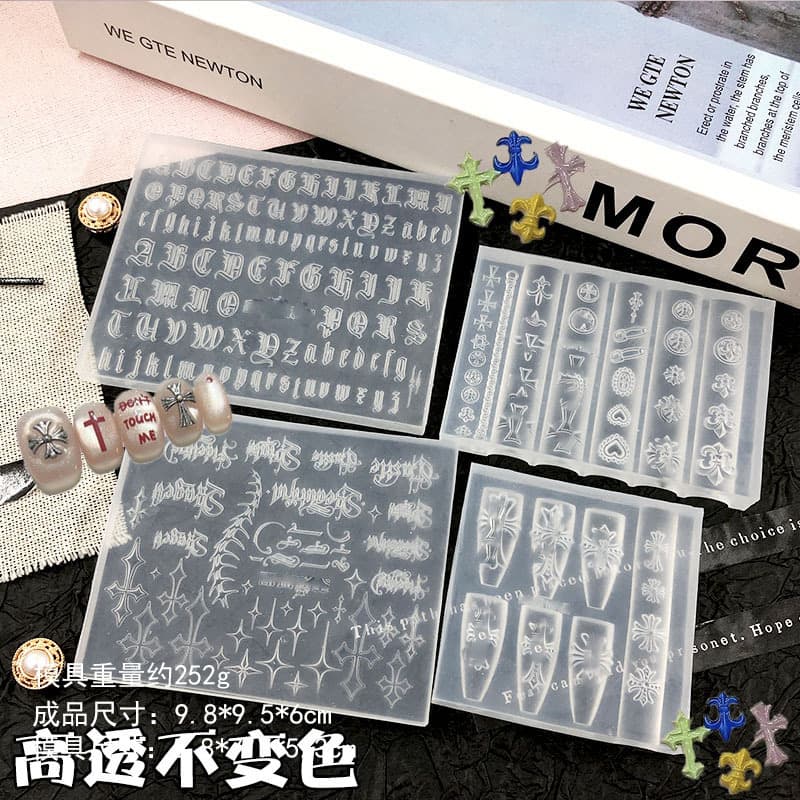 Cross-Border Hot Selling Gothic Cross Decoration Nail Art High-Transparency Mold Punk Style Cool Gothic Letter Embossed Mold