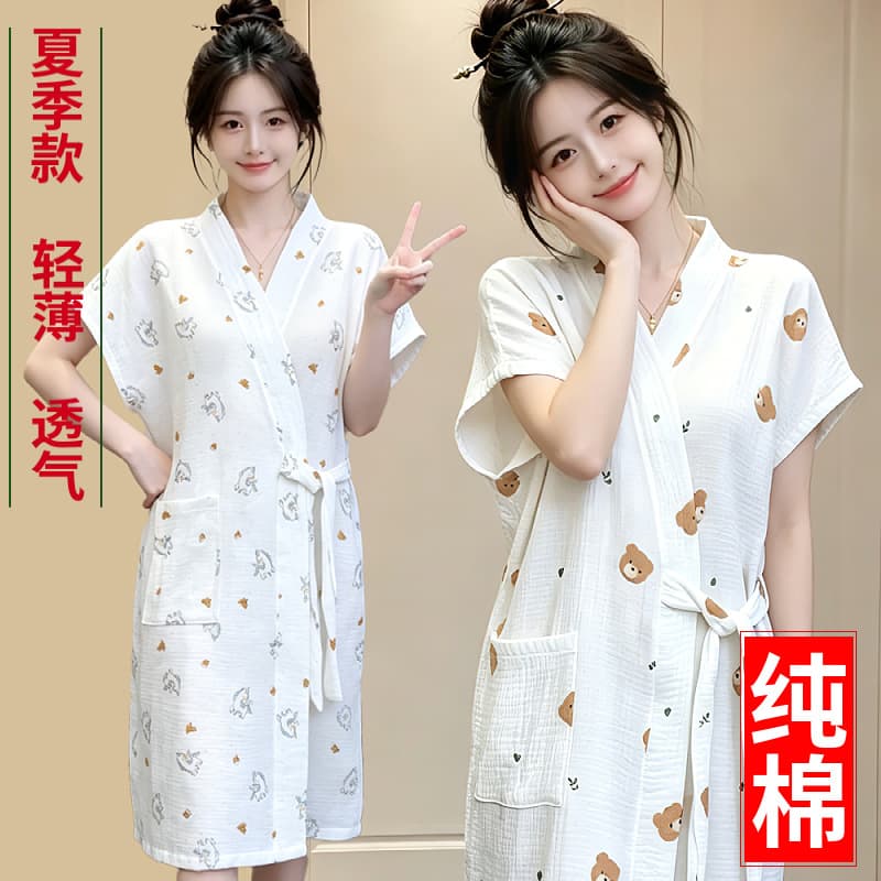 Cotton Bathrobe Gauze Towel Summer Women's Cartoon Print V-Neck Tie Thin Comfortable Homewear Sleep Bath Dress